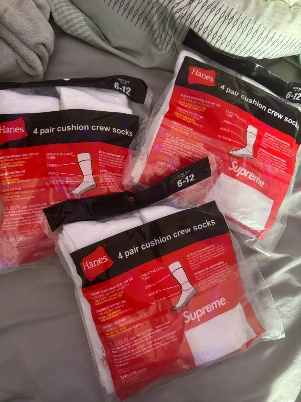Hanes White Crew Cushion Socks with Red Logo – 12 Pack (3x4-Pair Packs)